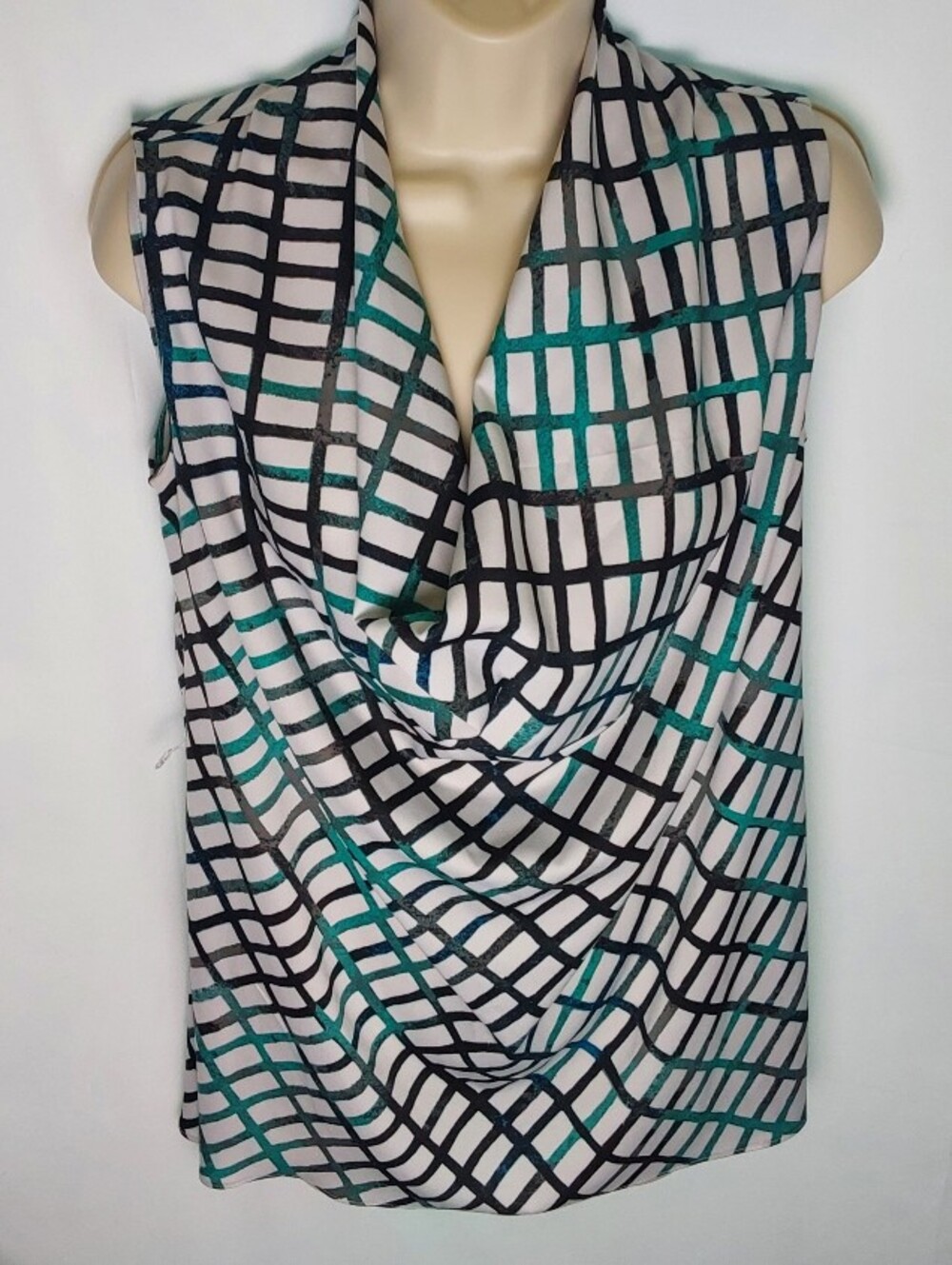 Worthington Teal, Black & White Grid Print Sleeveless Top